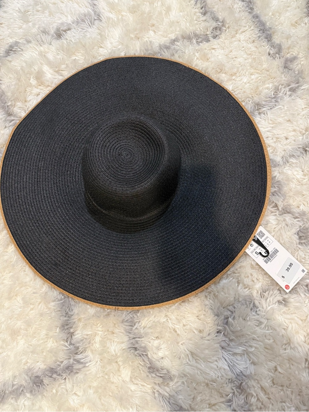 NWT Zara Black Wide-Brim Straw Sun Hat with Tan Edge